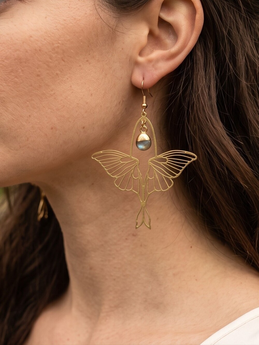 NWT Maiden Perras Gold Luna Moth Labradorite Drop Earrings Whimsigoth Fairycore